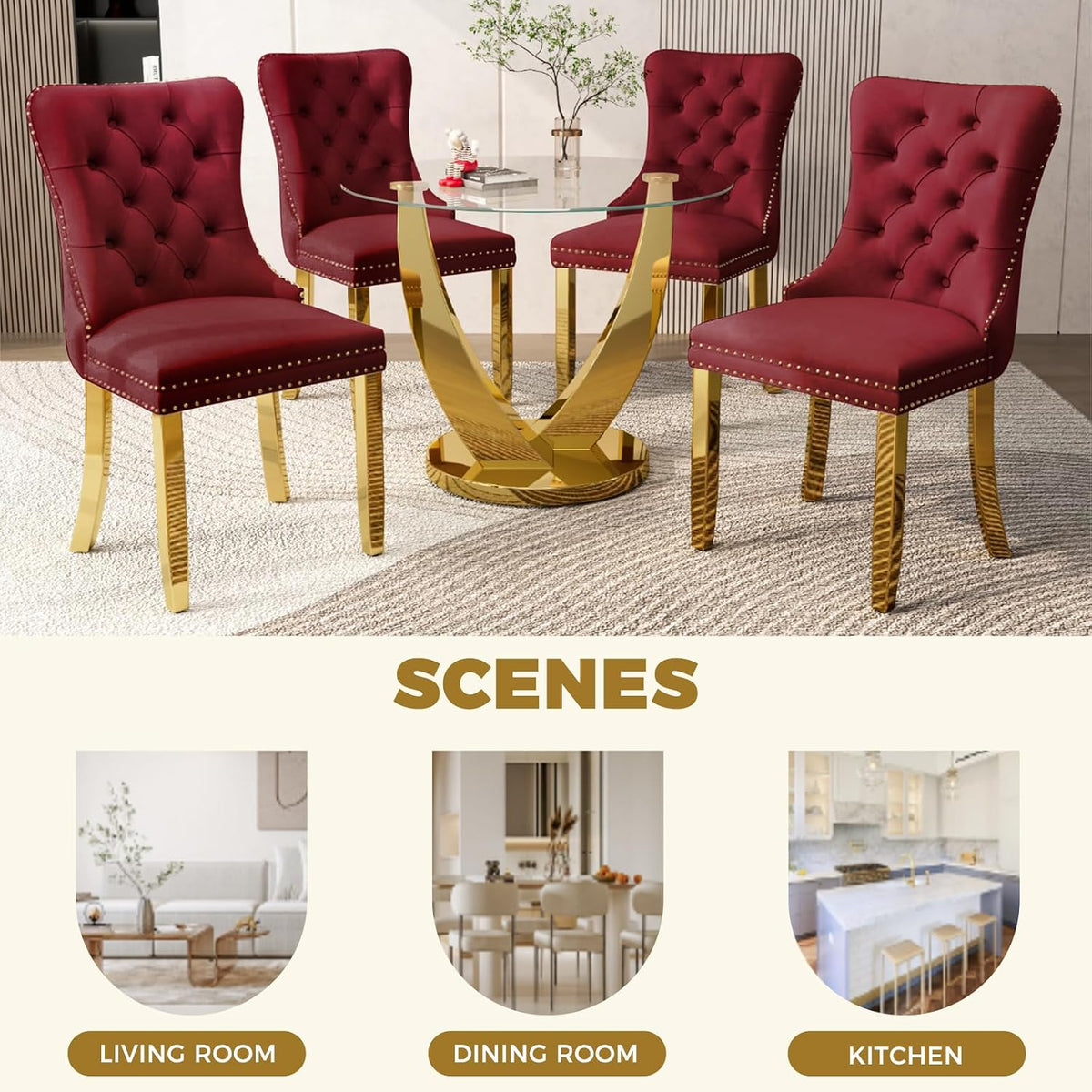 38.9 Inch Round Glass Dining Table Set for 4, Golden Round Kitchen Table with 4 Upholstered Velvet Accent Chairs, 5 Piece Modern Dining Room Set, for Home, Apartment, Kitchen - Red Chairs
