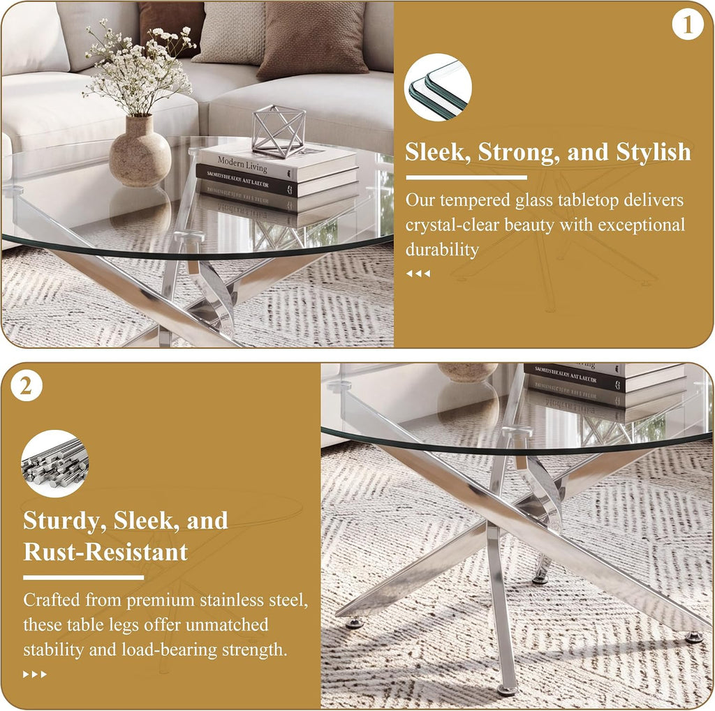 Round Glass Coffee Table Set 3-Piece, Silver Stainless Steel Frame | 35.4" Coffee Table + Two 23.6" End Tables Space-Saving Set for Living Room, Office, Reception