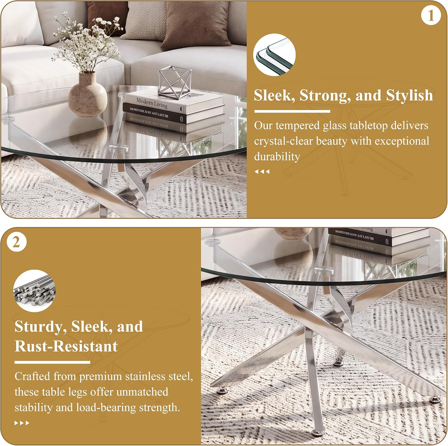 Round Glass Coffee Table Set 3-Piece, Silver Stainless Steel Frame | 35.4" Coffee Table + Two 23.6" End Tables Space-Saving Set for Living Room, Office, Reception
