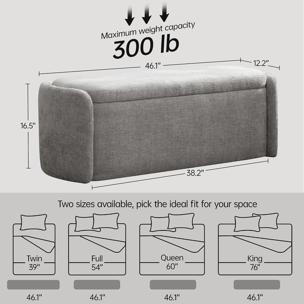 VKNOW 46" Oval Storage Ottoman Bench, Upholstered End of Bed Bench Ottomans Bench Foot Rest, Sherpa Storage Bench for Bedroom, Living Room and Hallway, Light Grey