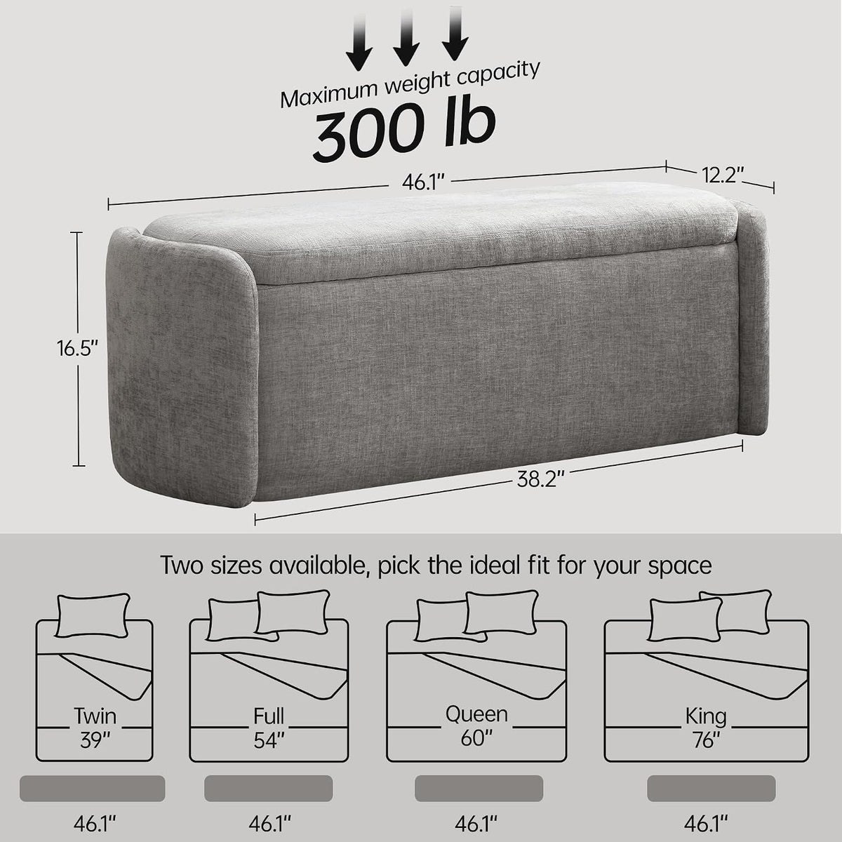 VKNOW 46" Oval Storage Ottoman Bench, Upholstered End of Bed Bench Ottomans Bench Foot Rest, Sherpa Storage Bench for Bedroom, Living Room and Hallway, Light Grey
