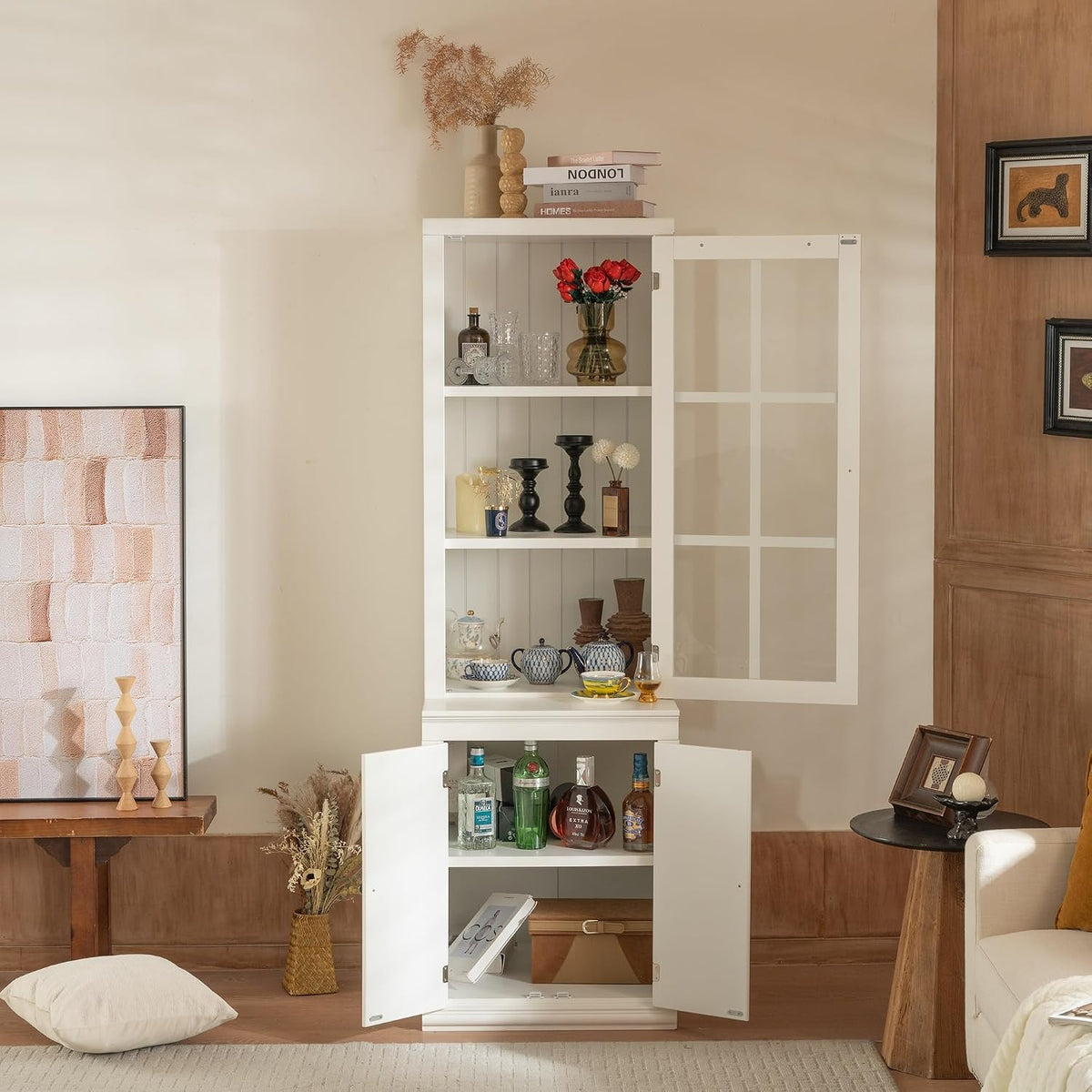 Havemies 75" Freestanding Pantry Cabinet with Glass Lattice Door, Large Farmhouse Kitchen Storage with Double-Action Hinges for Dry Food & Supplies, White