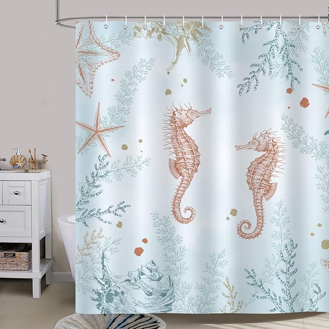 Bonhause Coastal Seahorse Shower Curtain, Blue Ocean Beach Starfish Coral Underwater Bathroom Curtain 72 x 72 Inch Polyester Fabric Waterproof Bath Curtain with 12 Hooks
