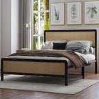 CABIHOME Rattan Queen Size Bed Frame with Natural Cane Headboard, Boho Platform Bed Frame, No Box Spring Needed, Noise-Free, Easy Assembly, Natural