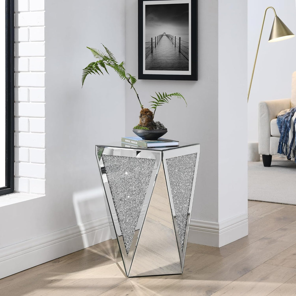 Henf Mirrored End Table Modern Inverted Triangular Side Table with Crystal Design Decorative Glass Accent Small Coffee Table Bedside Table for Home Decoration Crystal Diamond Bed Night Stand