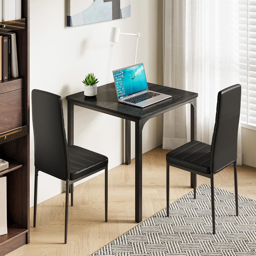 Gizoon Kitchen Table for 2, Table and Chairs Set of 2, 3 Piece Dinner Table Set with 2 Upholstered PU Leather Chairs for Dining Room, Living Room, Apartment, Small Space, Black