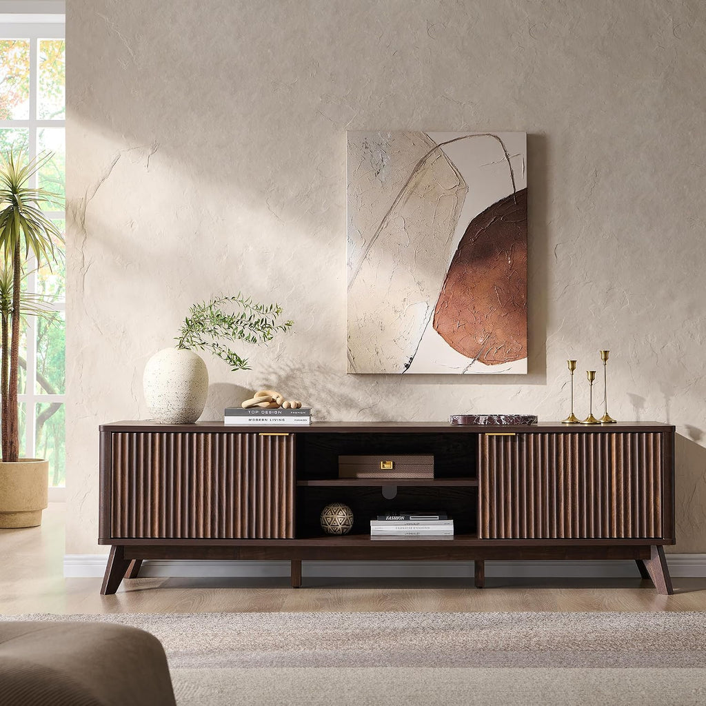 OKD 70" Mid Century Modern Fluted TV Stand w/ 2 Soft Close Door,Dark Walnut | Entertainment Center, Sideboard, Media console for Living Room with Adjustable Shelves