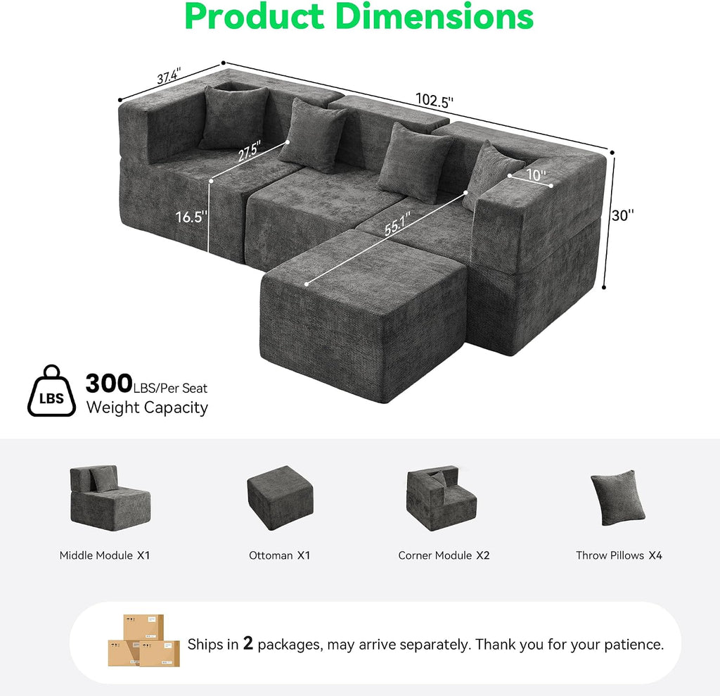 MONVANE L Shaped Sectional Couch Oversized, Chenille, Gray | 4-Seat Sectional Couch for Living Room, Modular Cloud Sofa with Ottoman & 4 Throw Pillows, No Assembly Required