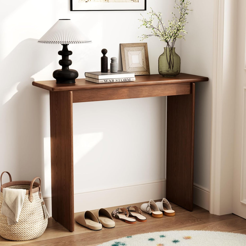 AQIMUELE Walnut Console Table Thin Rubberwood Minimalist Mid-Century Style | Stable and Sturdy 39.4" W x 11.8" D x 31.5" H for Entryway/Sofa Back