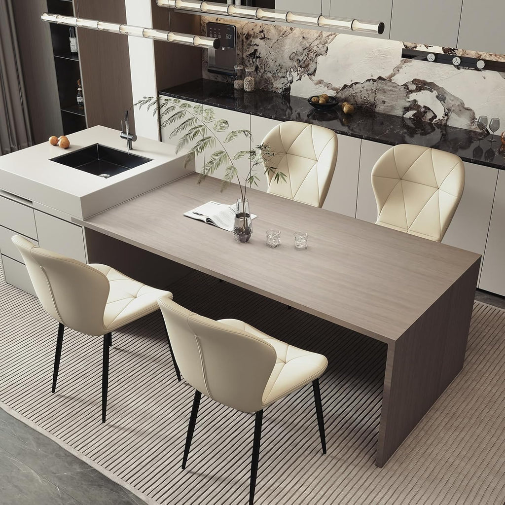 Dining Chairs, Modern Dining Room Chair Diamond Leather with Wooden and Metal Frame, Set of 2 (Khaki)