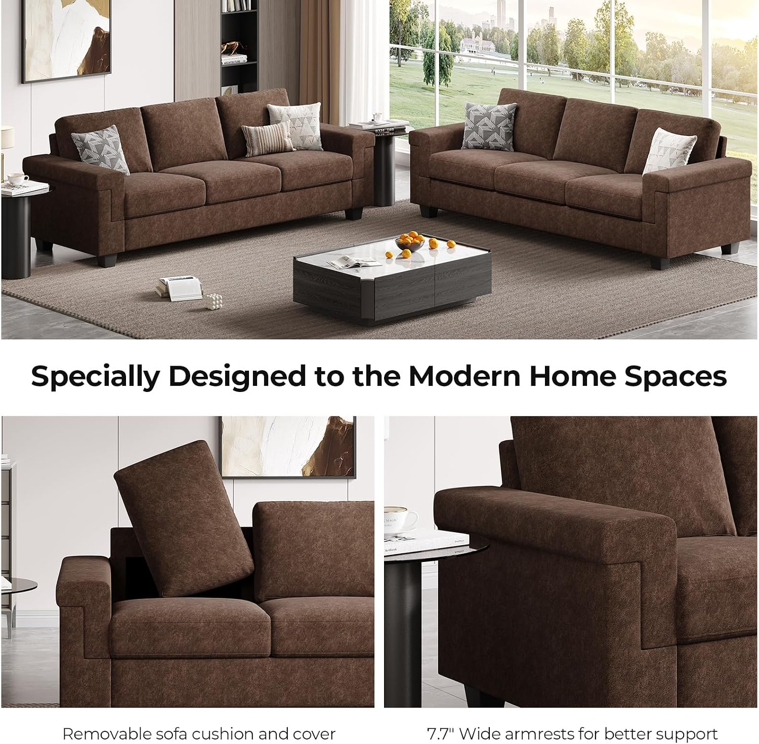 COPIAE 3 Seater Sofa Couch with Deep Seat, 90" Modern Upholstered Sofa with Armrests, Easy Installation, Comfy Couches for Living Room, Apartment,Dark Brown