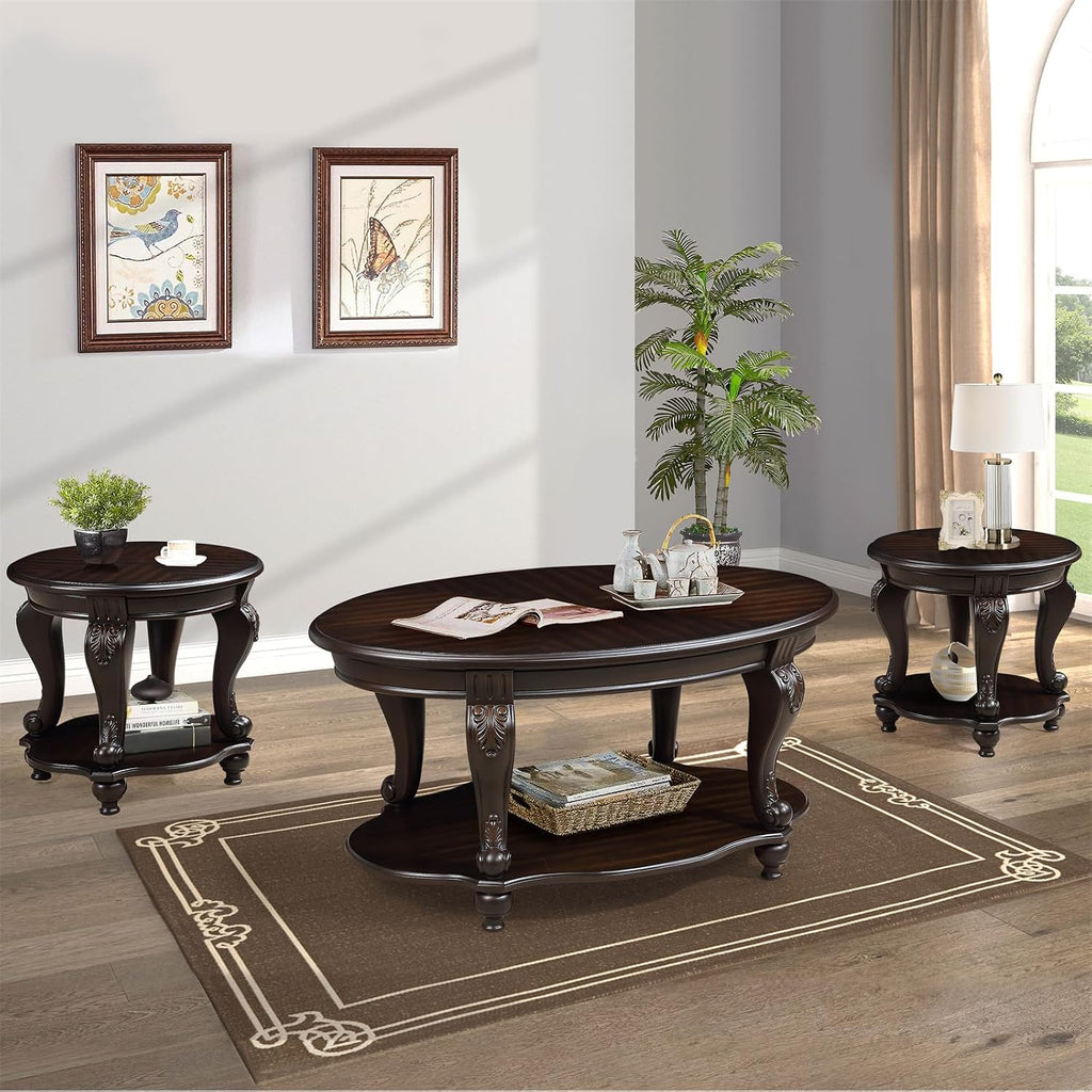 22'' Round End Table Solid Wood Sofa Side Table with Storage Shelf, Living Room Corner Table Retro Accent Table with Espresso Finish, Easy Assemble Round Bedside Table Night Stand for Small Space
