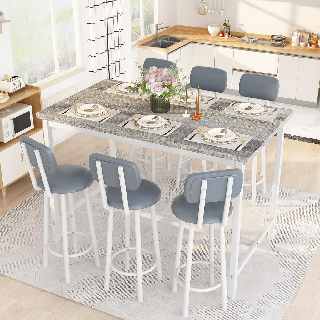 Recaceik 50" Dining Table Set for 6, 7-Piece Counter Height Bar Table Set with Upholstered Stools, Space-Saving Modern Pub Set for Kitchen, Breakfast Nook & Home Bar, Grey
