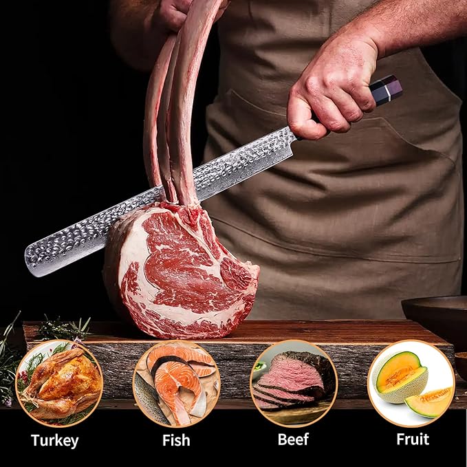 FINDKING Eternity Series Brisket Slicing Knife with ABS Sheath, Sharp Carving Knife for Meat, BBQ Must-Have, 9Cr18MoV Damascus Steel Blade, Resin Octagonal Handle, 12 Inches