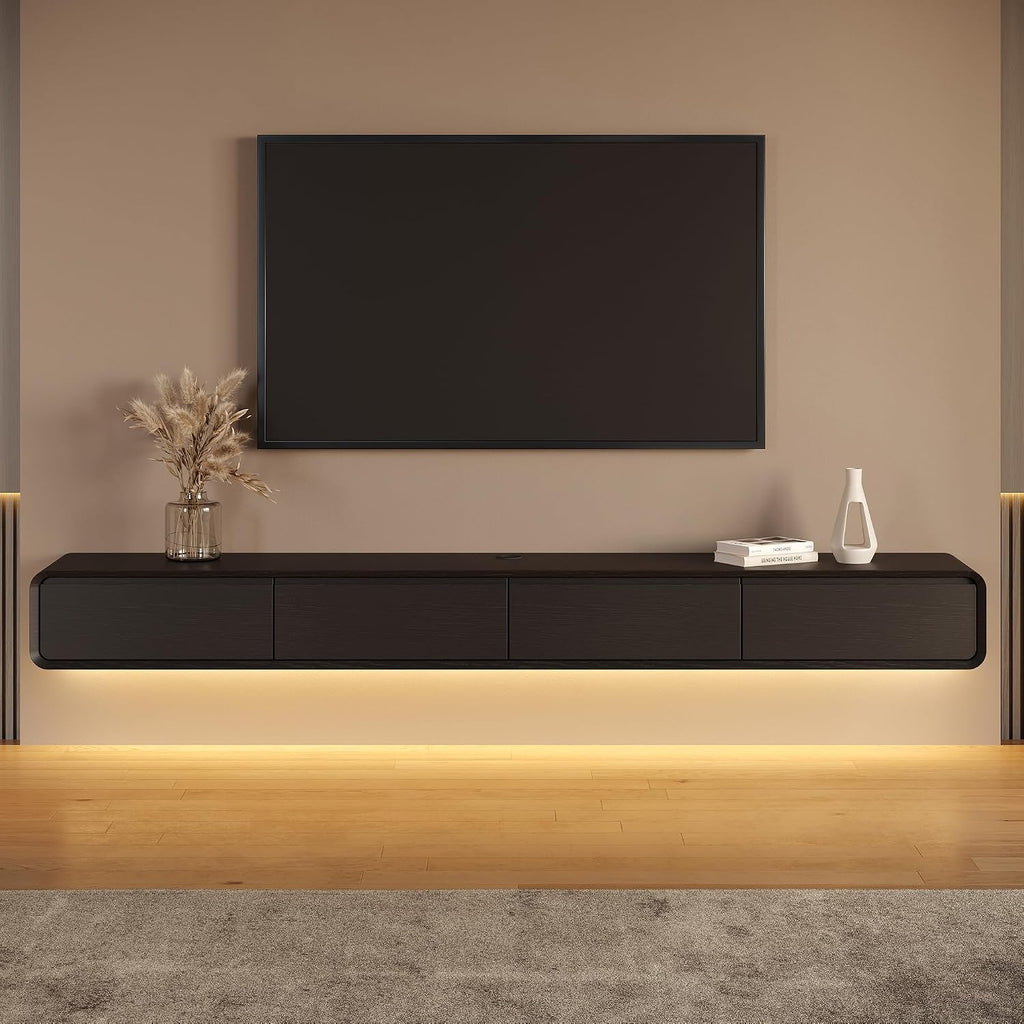 POVISON Fully-Assembled Minimalist Floating TV Stand with LED Lights, Modern Wall-Mounted Media Console with 4 Flip-Down Cabinet Doors for 85 Inch TV, Black Oak, 94"