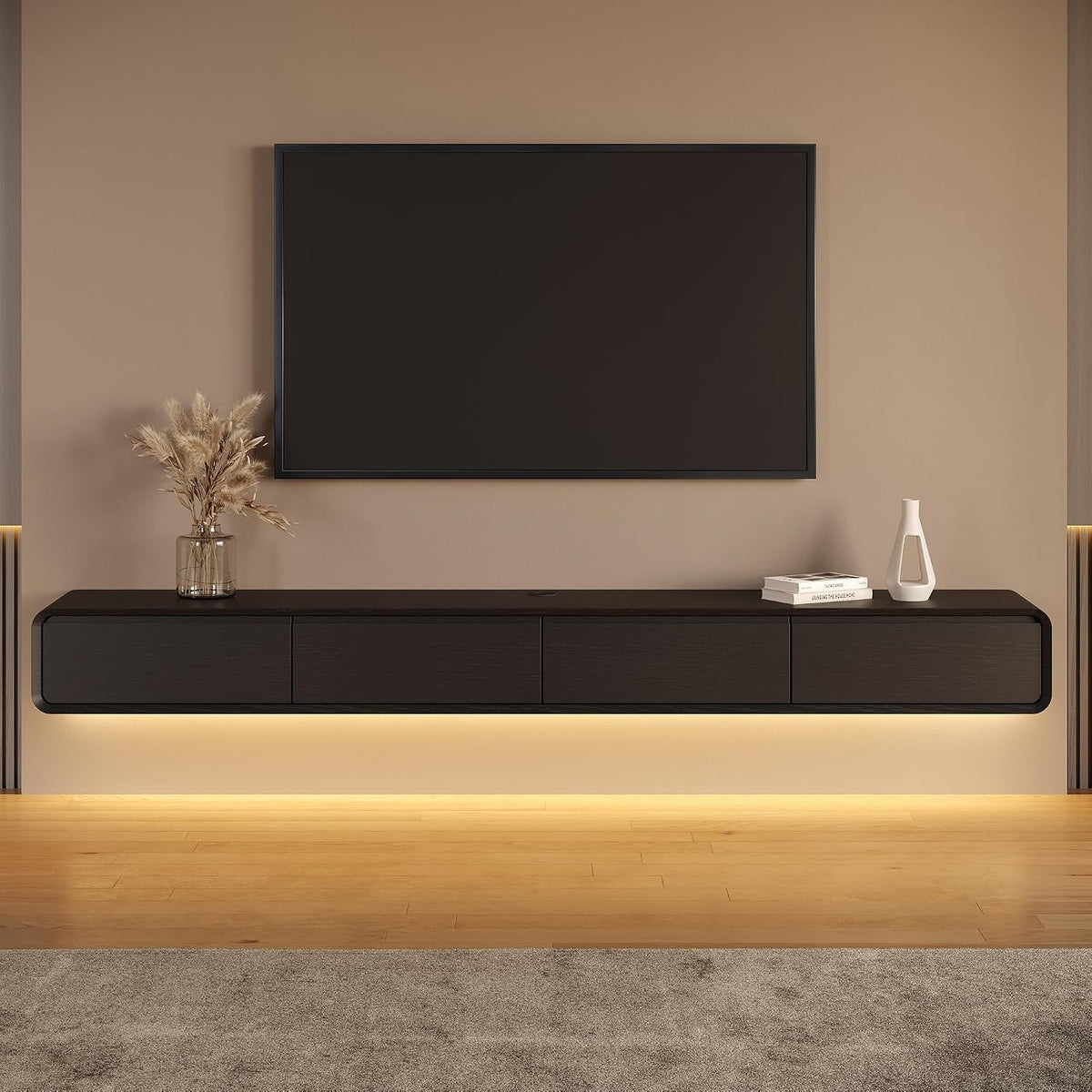 POVISON Fully-Assembled Minimalist Floating TV Stand with LED Lights, Modern Wall-Mounted Media Console with 4 Flip-Down Cabinet Doors for 85 Inch TV, Black Oak, 94"