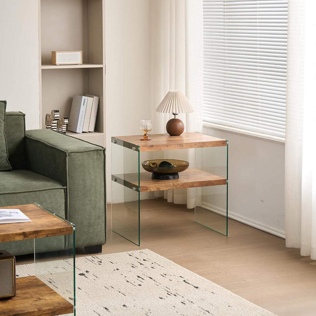 Glass Side Table Modern Design: Two-Tier Walnut MDF Frame & Tempered Glass Surface - Waterproof Durable End Table for Small Apartments & Boutique Accommodations Living Room Bedside Use