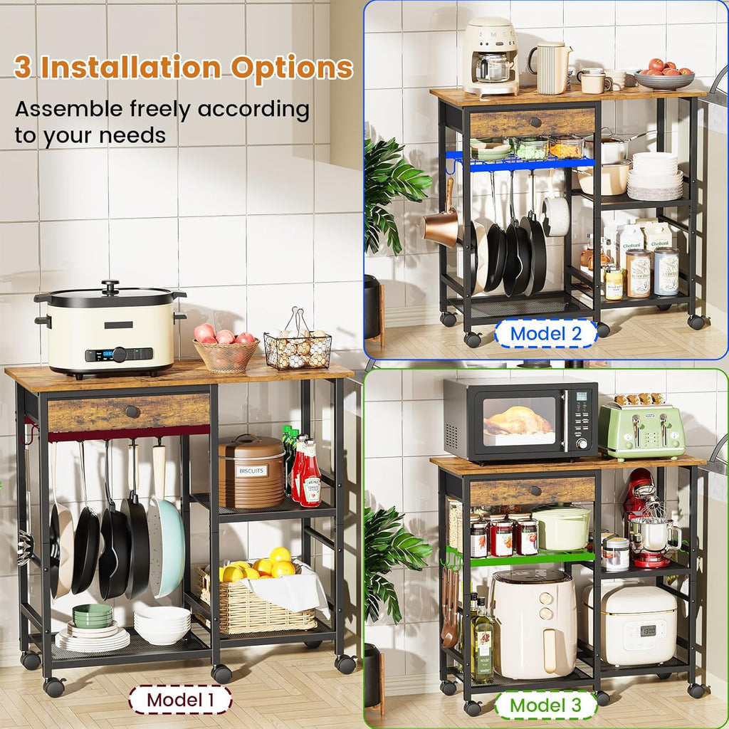 Microwave Stand, Coffee Cart, Microwave Cart with Wheels & Adjustable Shelf | Coffee Bar Table Station, Rolling Storage Cart Organizer Shelf for Living Room, Kitchen Island, Office, Rustic Brown