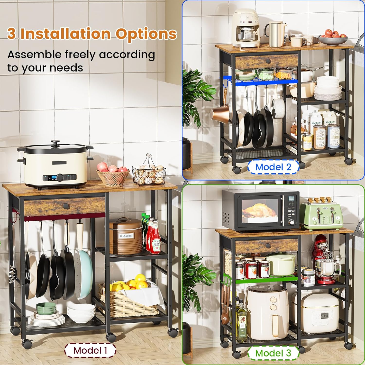 Microwave Stand, Coffee Cart, Microwave Cart with Wheels & Adjustable Shelf | Coffee Bar Table Station, Rolling Storage Cart Organizer Shelf for Living Room, Kitchen Island, Office, Rustic Brown