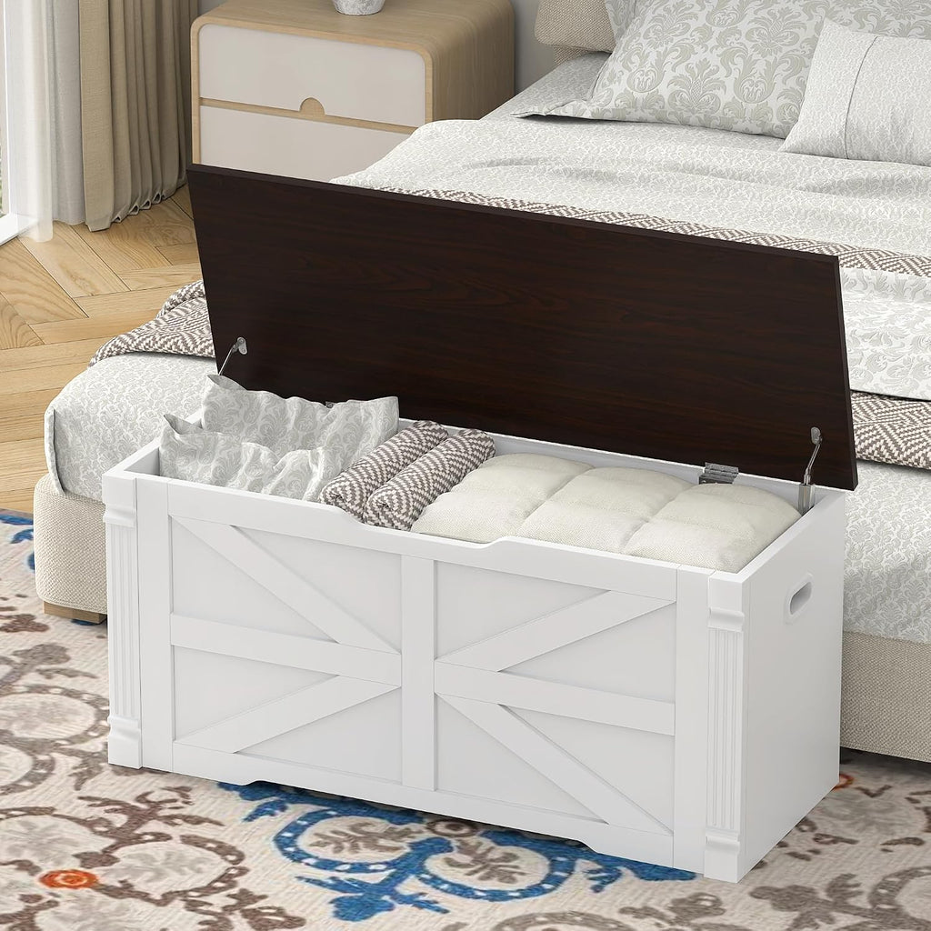 VVFLU Storage Bench, 39.4" Storage Chest with 2 Safety Hinges, Farmhouse Roman Column Design with Elliptical Handle Holes, for Entryway, Bedroom, Living Room (White + Walnut)