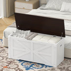 VVFLU Storage Bench, 39.4" Storage Chest with 2 Safety Hinges, Farmhouse Roman Column Design with Elliptical Handle Holes, for Entryway, Bedroom, Living Room (White + Walnut)