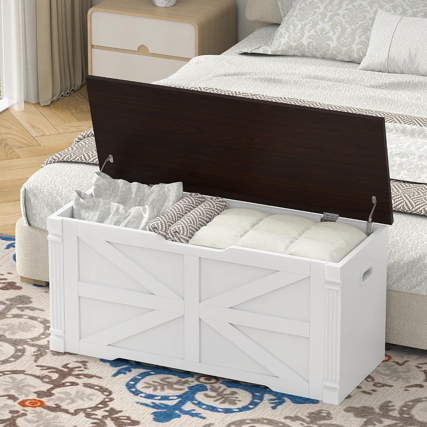 VVFLU Storage Bench, 39.4" Storage Chest with 2 Safety Hinges, Farmhouse Roman Column Design with Elliptical Handle Holes, for Entryway, Bedroom, Living Room (White + Walnut)