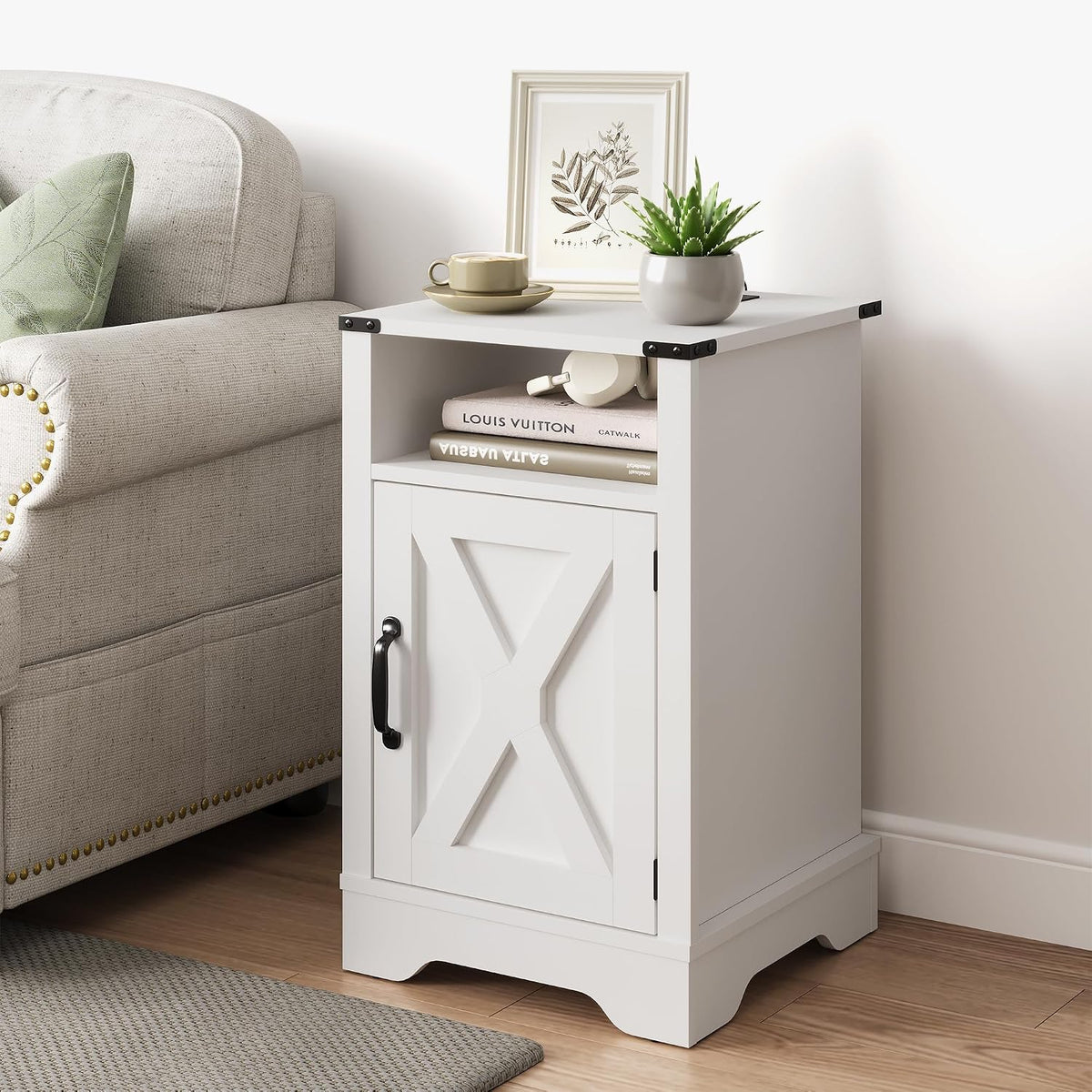 RoyalCraft Farmhouse Nightstand, White End Table for Bedroom | 25" Tall Bedside Table with Charging Station, Wooden Side Table with Large Storage and Shelf for Bedroom, Living Room