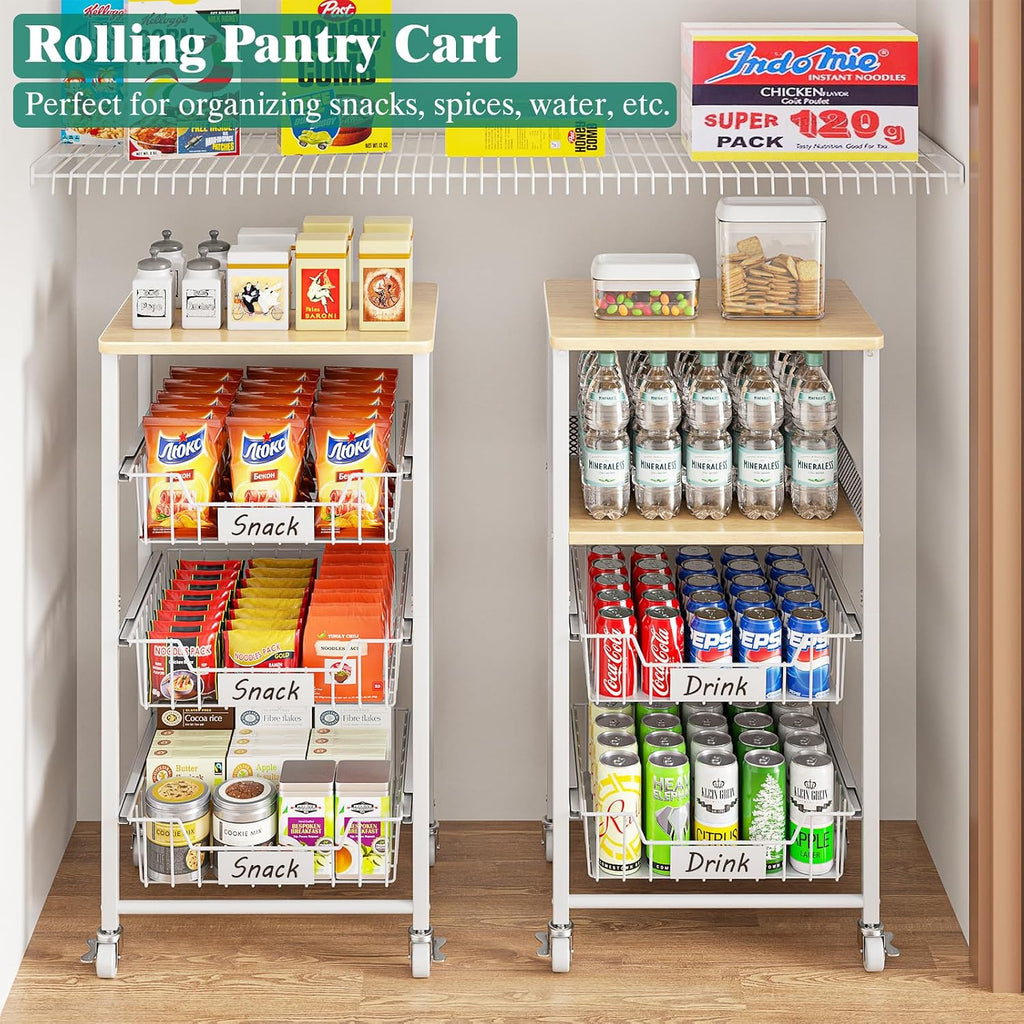 Giwil Vegetable Fruit Basket for Kitchen Pantry Organizers Storage, 4-Tier Utility Rolling Cart on Wheels with Wood Rack and Drawer Wire Baskets for Onions Potatoes Snacks, White