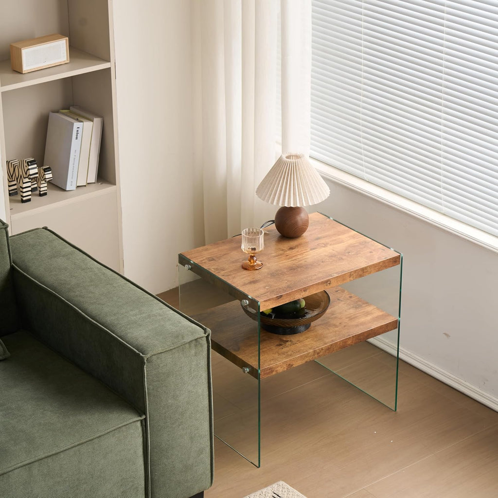 Glass Side Table Modern Design: Two-Tier Walnut MDF Frame & Tempered Glass Surface - Waterproof Durable End Table for Small Apartments & Boutique Accommodations Living Room Bedside Use