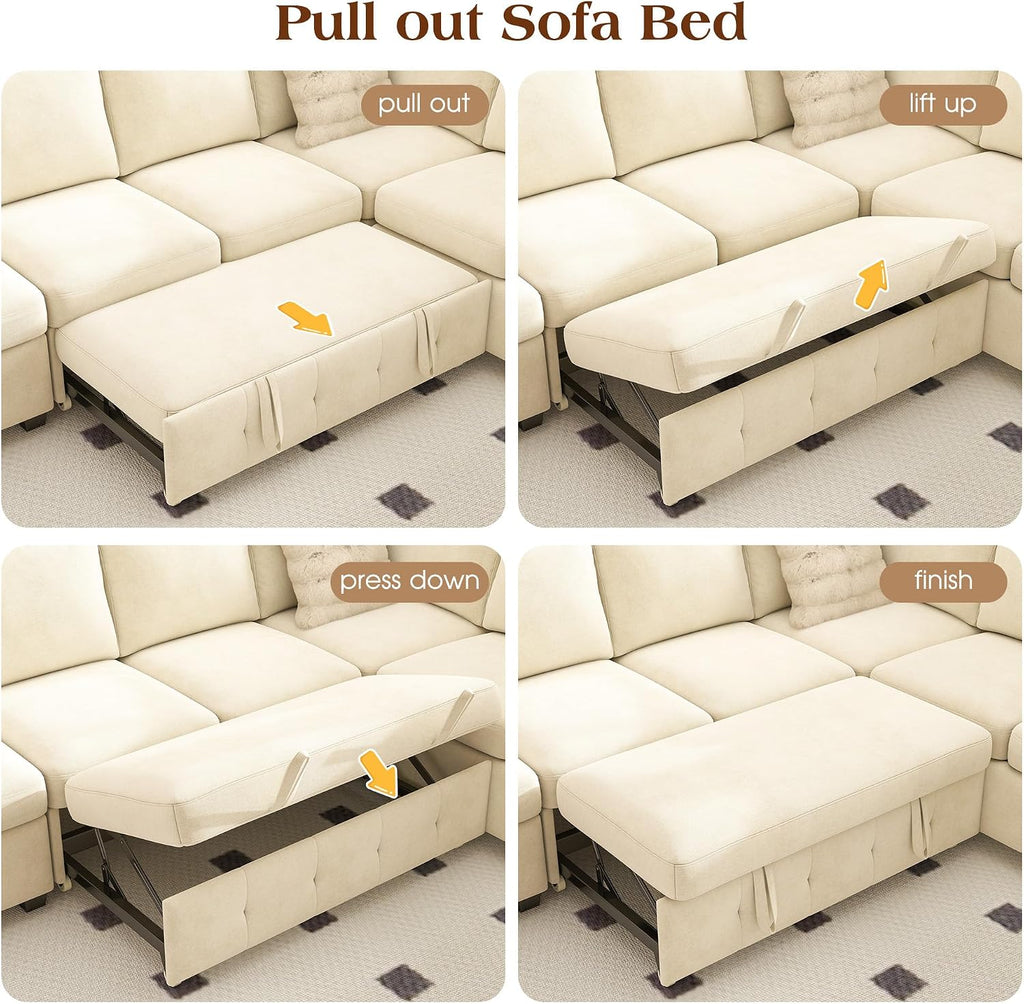 Ihanherry 106-inch Large L-Shaped Sectional Sofa Bed, 7-Seater Convertible Pull Out Sleeper with Storage Ottoman, 4 Pillows & USB Charging Ports, Premium Chenille Fabric for Big Living Room（Beige）