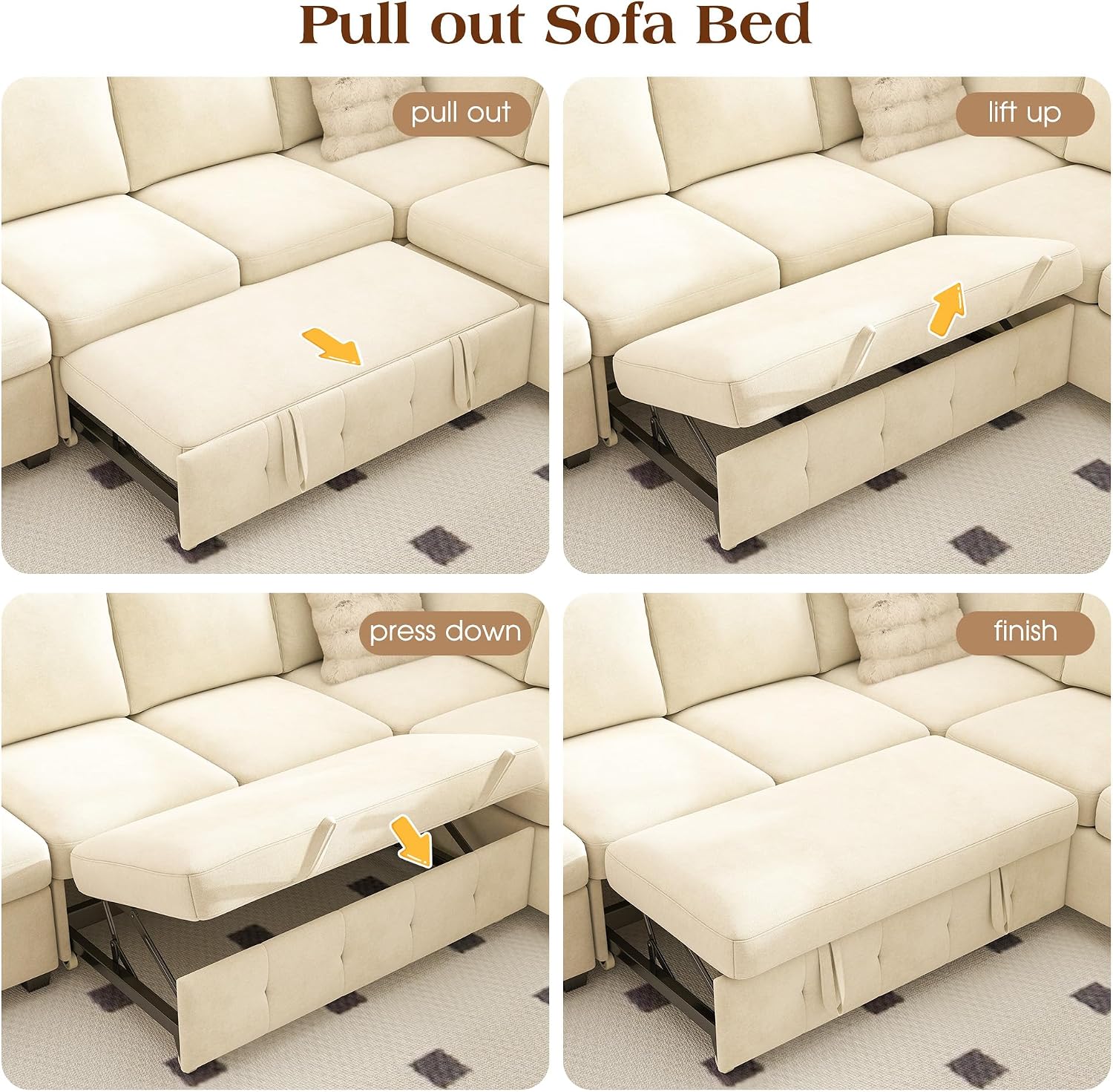 Ihanherry 106-inch Large L-Shaped Sectional Sofa Bed, 7-Seater Convertible Pull Out Sleeper with Storage Ottoman, 4 Pillows & USB Charging Ports, Premium Chenille Fabric for Big Living Room（Beige）