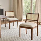 HULALA HOME Rattan Dining Chairs Set of 2, French Solid Wood Kitchen Dining Room Chairs with Curved Back, Upholstered Accent Dinner Cane Chair for Living Room Restaurant, Walnut