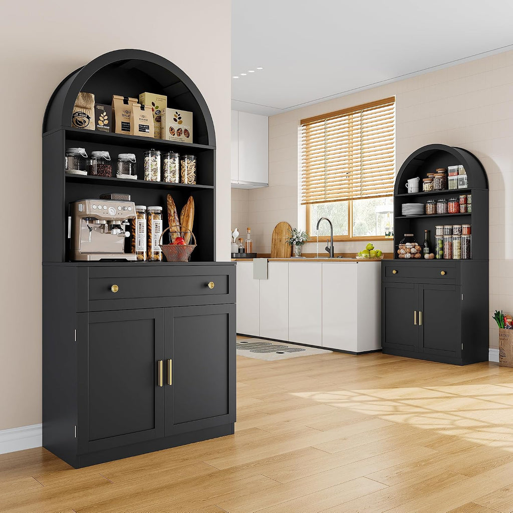 71" Tall Arched Kitchen Pantry Cabinet, Modern Kitchen Storage Cabinets with Hidden Drawer and Spacious Countertop, Wooden Storage Pantry Cabinet for Living Room, Dining Room, Black