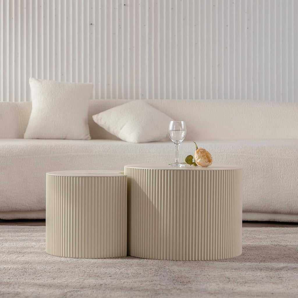 WILLIAMSPACE Beige Round Nesting Coffee Table Set of 2 with Wave Stripe, Modern Wooden Circle Drum Tables Center Table Accent Side Crescent Shape Table for Living Room, No Assembly, 18.9" + 14.96"