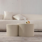 WILLIAMSPACE Beige Round Nesting Coffee Table Set of 2 with Wave Stripe, Modern Wooden Circle Drum Tables Center Table Accent Side Crescent Shape Table for Living Room, No Assembly, 18.9" + 14.96"