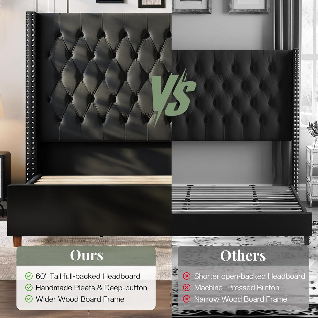 Jocisland Queen Bed Frame 61.4" Tall Headboard Velvet upholstered,Black