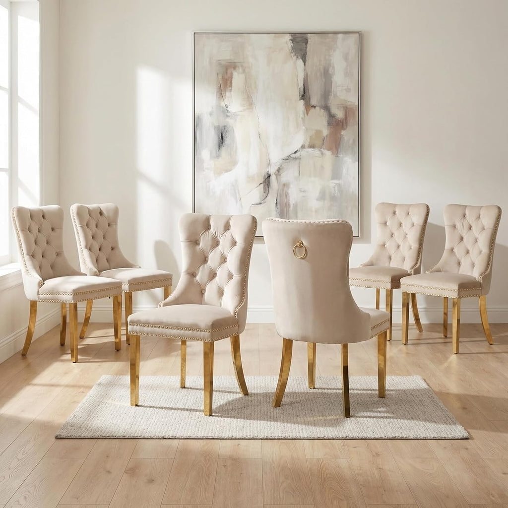 OVENTA Modern Tufted Upholstered Dining Chairs Set of 6, Beige Velvet Dining Room Chair with Metal Legs, Sillas de Comedor, Kitchen Chairs (Beige Velvet, Gold Legs Set of 6)