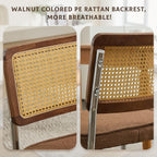 Rattan Dining Chairs Set of 6,Upholstered Mid-Century Modern Dining Room Chairs with Cane Backrest,Retro Linen Kitchen Chairs with Stainless Chrome Base,Brown