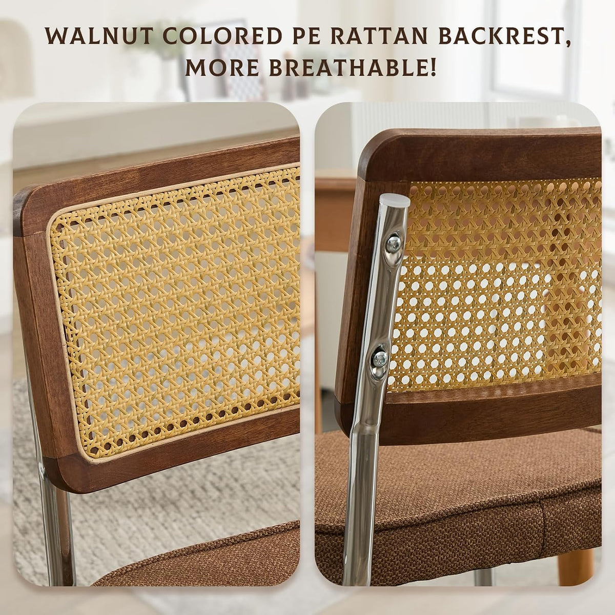 Rattan Dining Chairs Set of 6,Upholstered Mid-Century Modern Dining Room Chairs with Cane Backrest,Retro Linen Kitchen Chairs with Stainless Chrome Base,Brown