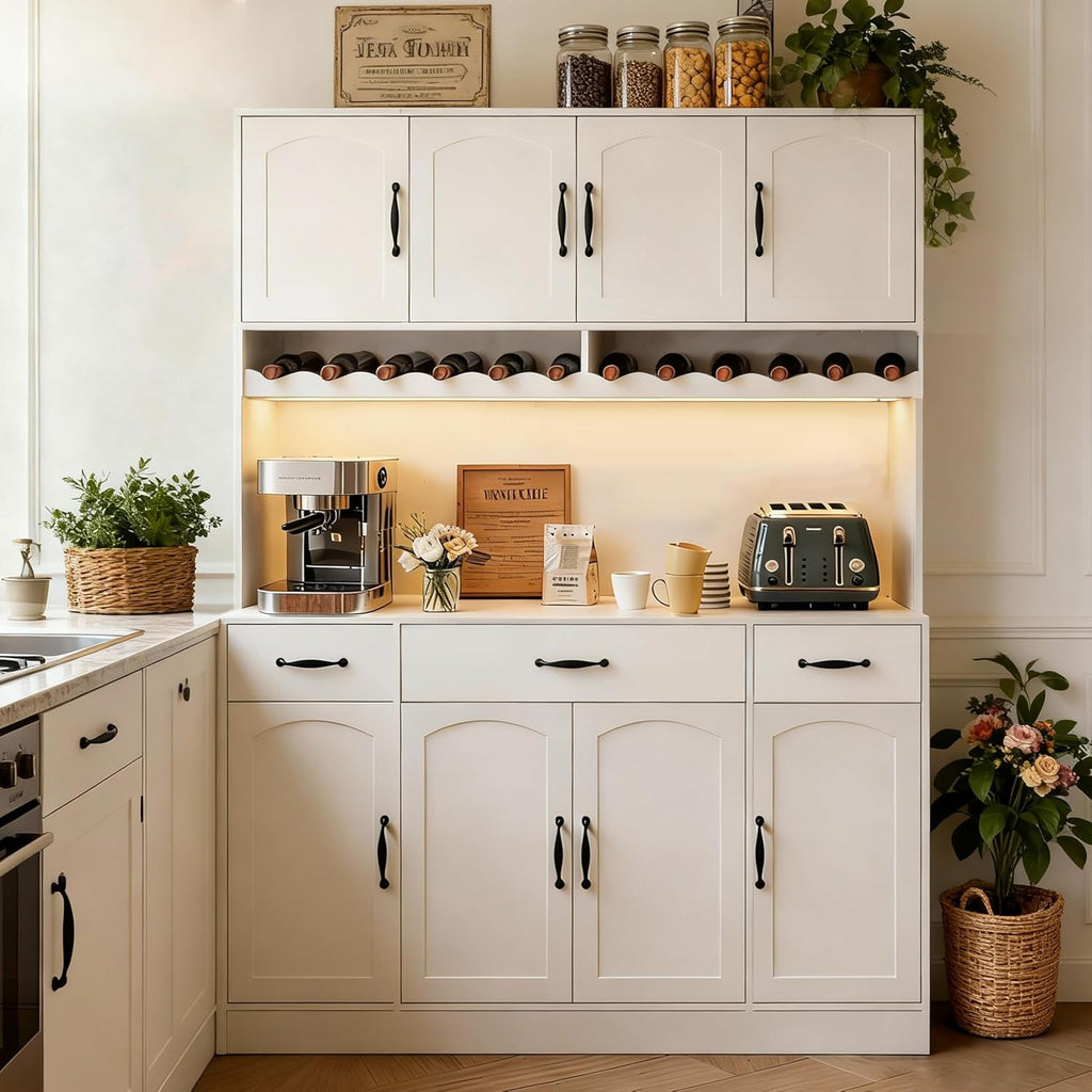 White 72" Tall Kitchen Pantry Cabinet with Charging Station 55" Wide Kitchen Hutch Cabinet with LED Light and Countertop Large Kitchen Cabinet with Adjustable Shelves and Wine Rack