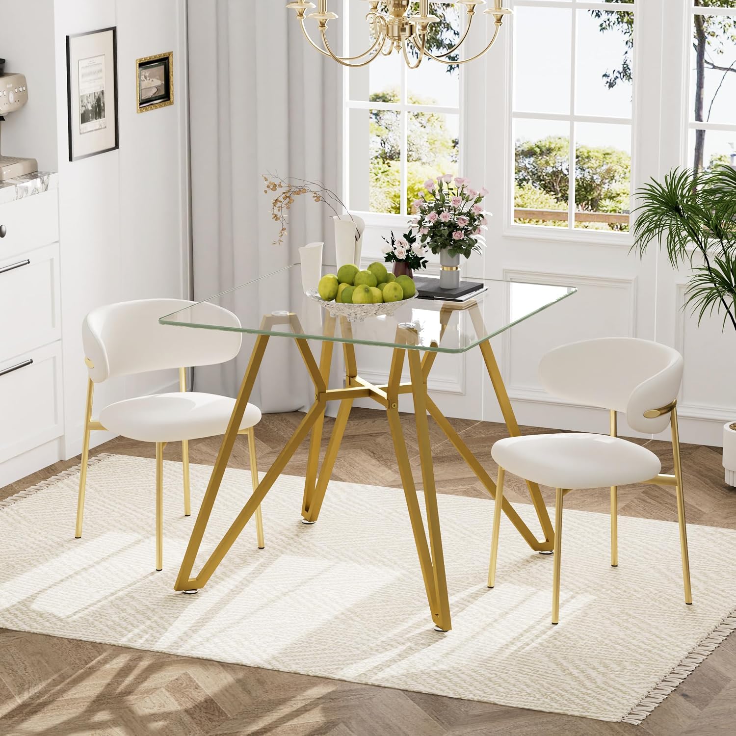 KEIKI 35.4-inch Square Tempered Glass Dining Table, Suitable for 2-4 People, Space-saving Small Kitchen Dining table, Equipped with Sturdy Metal Table Legs, Suitable for Dining Room, Living Room, Gold
