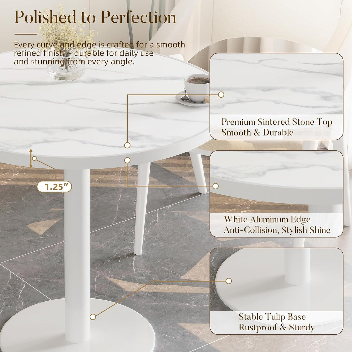 31.5'' Tulip Table, Round Pedestal Dining Table with Sintered Stone Tabletop, White Aluminum Alloy Edge & Base, Bistro Table for 2-4 Person for Kitchen/Cafe/Small Spaces/Restaurant (Snow Peak Marble)
