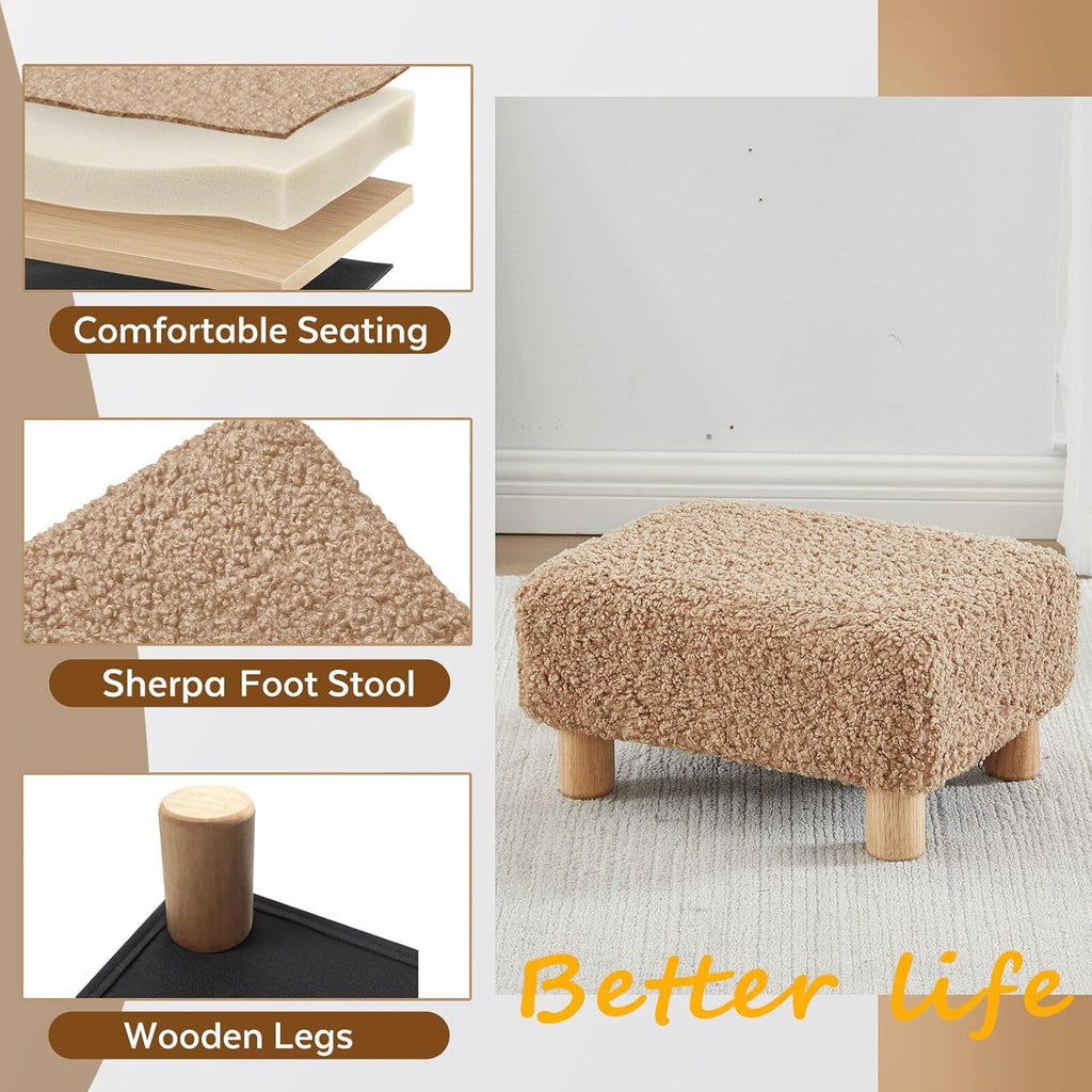 Small Foot Stool Ottoman, Sherpa Footstool Ottoman Foot Rest for Couch, Rectangle Footstools and Ottomans Small for Living Room, Entryway and Bedroom (Light Brown)
