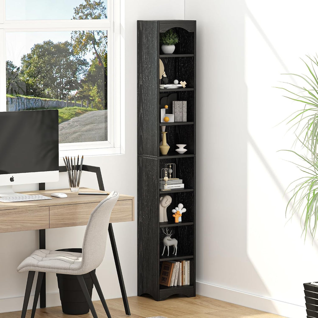 VECELO Curved Top Narrow Tall Bookshelf, 6 Adjustable Movable Shelves, Wood Space Saving Corner Storage Organizer, Sleek Black