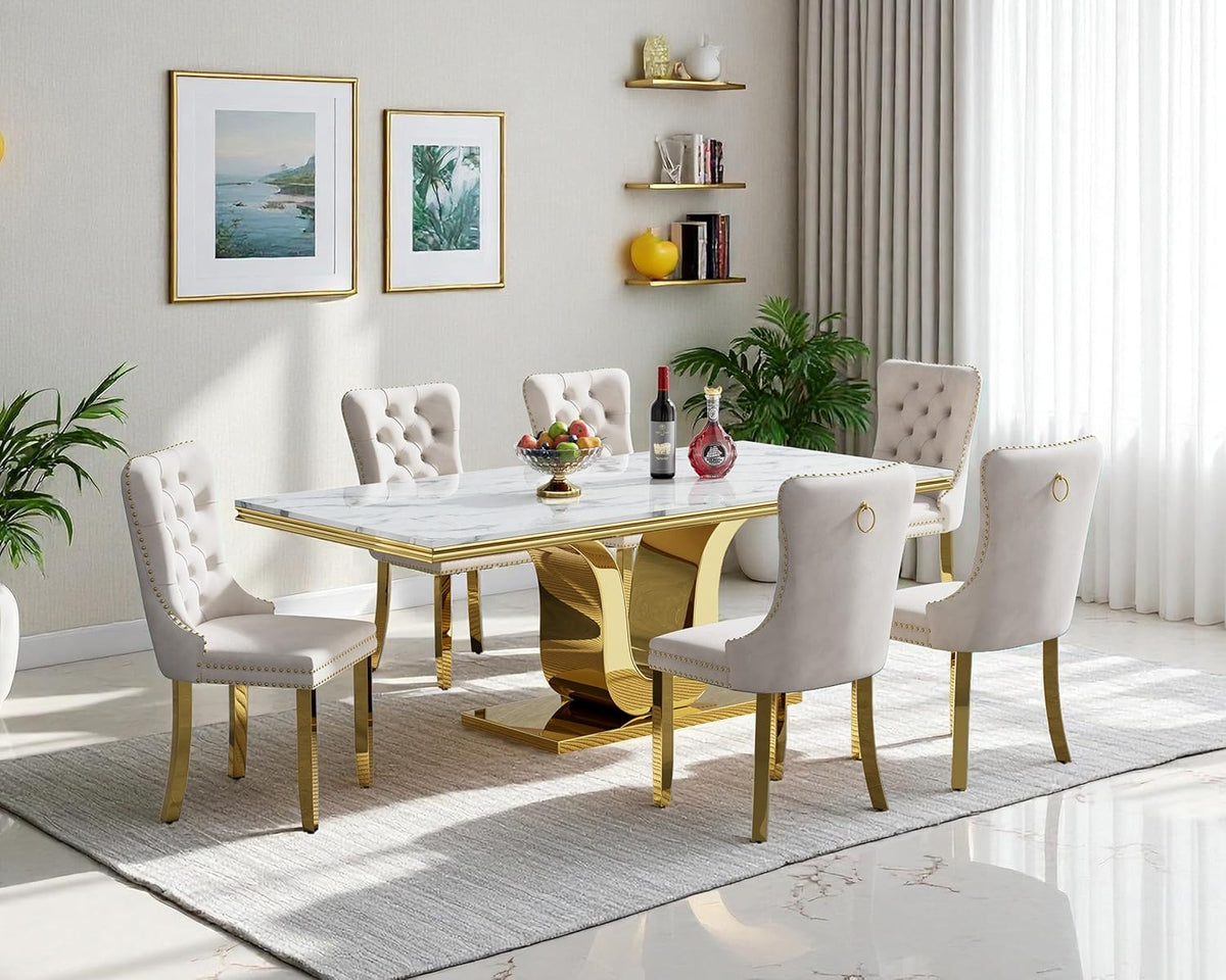 7-Piece Dining Table Set with 6 Beige Upholstered Chairs, 68" White Gold Faux Marble Kitchen Table Set for 6, U-Shape Pedestal Dining Room Table Set for 6, Modern Dining Table Set for 6