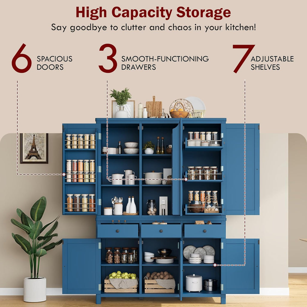 Merax 74.8'' Tall Kitchen Pantry Storage Cabinet with 6 Doors, 3 Drawers and Adjustable Shelves, Freestanding Large Cupboard & Pull-Out Trays for Kitchen, Dining Room, Living Room, Blue