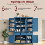 Merax 74.8'' Tall Kitchen Pantry Storage Cabinet with 6 Doors, 3 Drawers and Adjustable Shelves, Freestanding Large Cupboard & Pull-Out Trays for Kitchen, Dining Room, Living Room, Blue