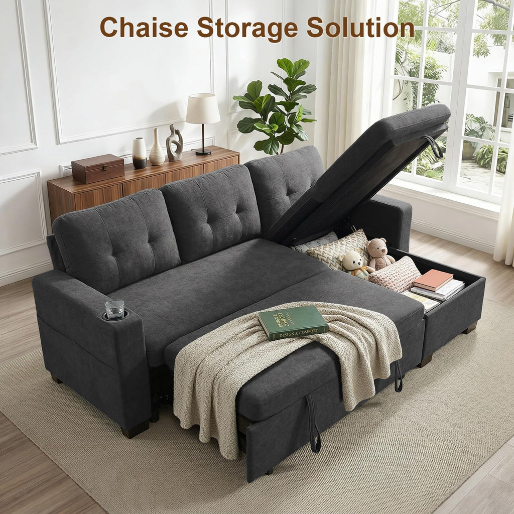 KCGKCG 82" L Shaped Sleeper Sofa Bed, Pull Out Couch Bed with Storage Chaise/Reclining Backrest, Sectional Couches for Living Room with USB Port, Foldable Table, Cup Holder, Side Pocket, Deep Grey