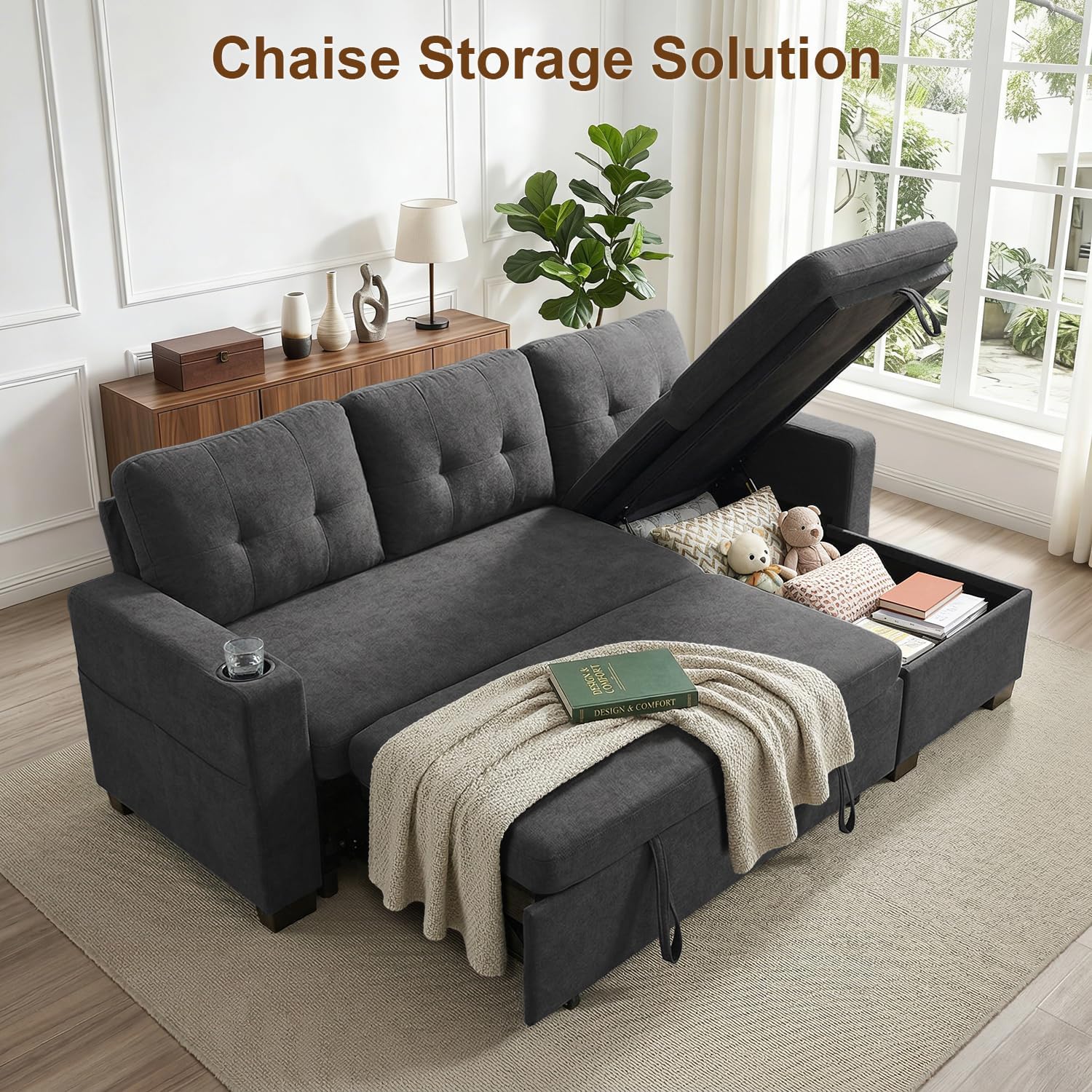 KCGKCG 82" L Shaped Sleeper Sofa Bed, Pull Out Couch Bed with Storage Chaise/Reclining Backrest, Sectional Couches for Living Room with USB Port, Foldable Table, Cup Holder, Side Pocket, Deep Grey