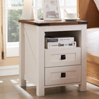 T4TREAM Farmhouse Nightstand Set of 2, Rustic End Table with 2 Drawers, Charging Station, Storage Open Shelf for Bedroom, Living Room, Wood Side Table, Antique White